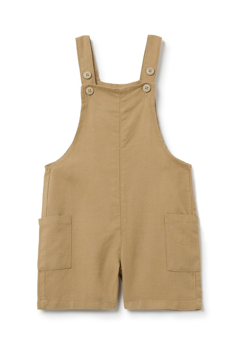 Tanskleurige katoenen overallshorts hebben verstelbare schouderbanden met twee knopen, voorzakken en een schone, eenvoudige uitstraling.