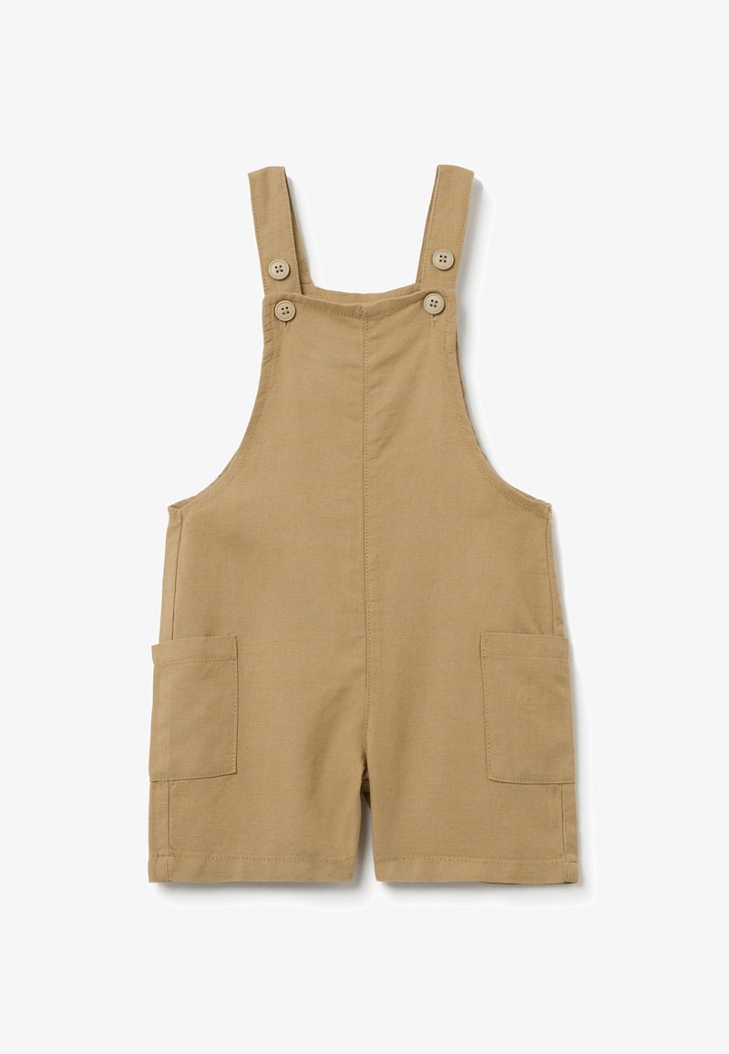 Beige Baumwoll-Overall-Shorts mit verstellbaren Schulterträgern und zwei Knöpfen, vorderen aufgesetzten Taschen und einem klaren, schlichten Design.