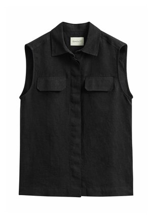 Zwart mouwloos overhemd met kraag, twee borstzakken aan de voorkant en een verborgen knoopbies, gemaakt van gestructureerde stof.