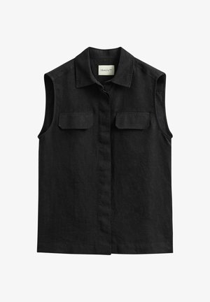 Zwart mouwloos overhemd met kraag, twee borstzakken aan de voorkant en een verborgen knoopbies, gemaakt van gestructureerde stof.