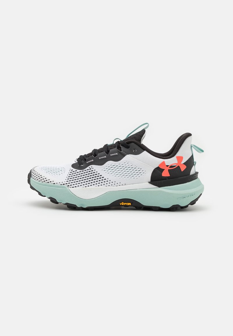 Men's athletic shoe with a breathable white mesh upper, black accents, and a light mint midsole. Features orange Vibram detailing on the sole.