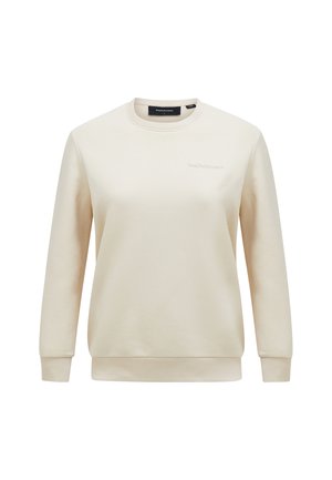 Lichtbeige sweatshirt van zachte stof. Heeft een ronde hals, lange mouwen, ribgebreide manchetten en zoom, met een klein logo op de borst.