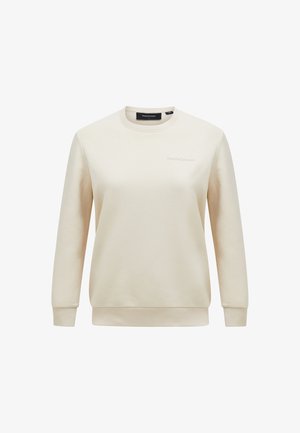 Light beige sweatshirt made of soft fabric. Features a crew neck, long sleeves, ribbed cuffs and hem, with a small logo on the chest.