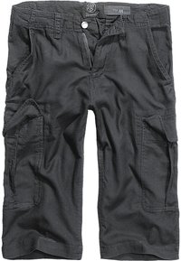 Shorts cargo noirs en tissu avec six poches, une fermeture éclair, et une étiquette à la taille indiquant la taille M. Présente une texture unie et des coutures.