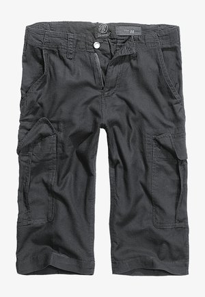 Juodos cargo šortai, pagaminti iš audinio, su šešiais kišenėmis, užtrauktuku ir juosmens etiketė, nurodanti dydį M. Išsiskiria vientisa tekstūra ir siuvimu.