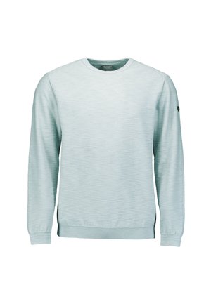 Lichtblauwe crewneck sweatshirt van textuurstof, met ribgebreide manchetten en zoom, en logo-detail op de linker mouw.