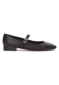 Black leather Mary Jane flats with a pointed toe, low block heel, and adjustable strap featuring a silver buckle detail.