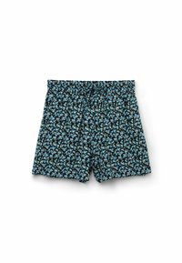 Černé kraťasy s malým květinovým vzorem v modré a zelené, elastický pas se šňůrkou, lehký materiál a volný střih.