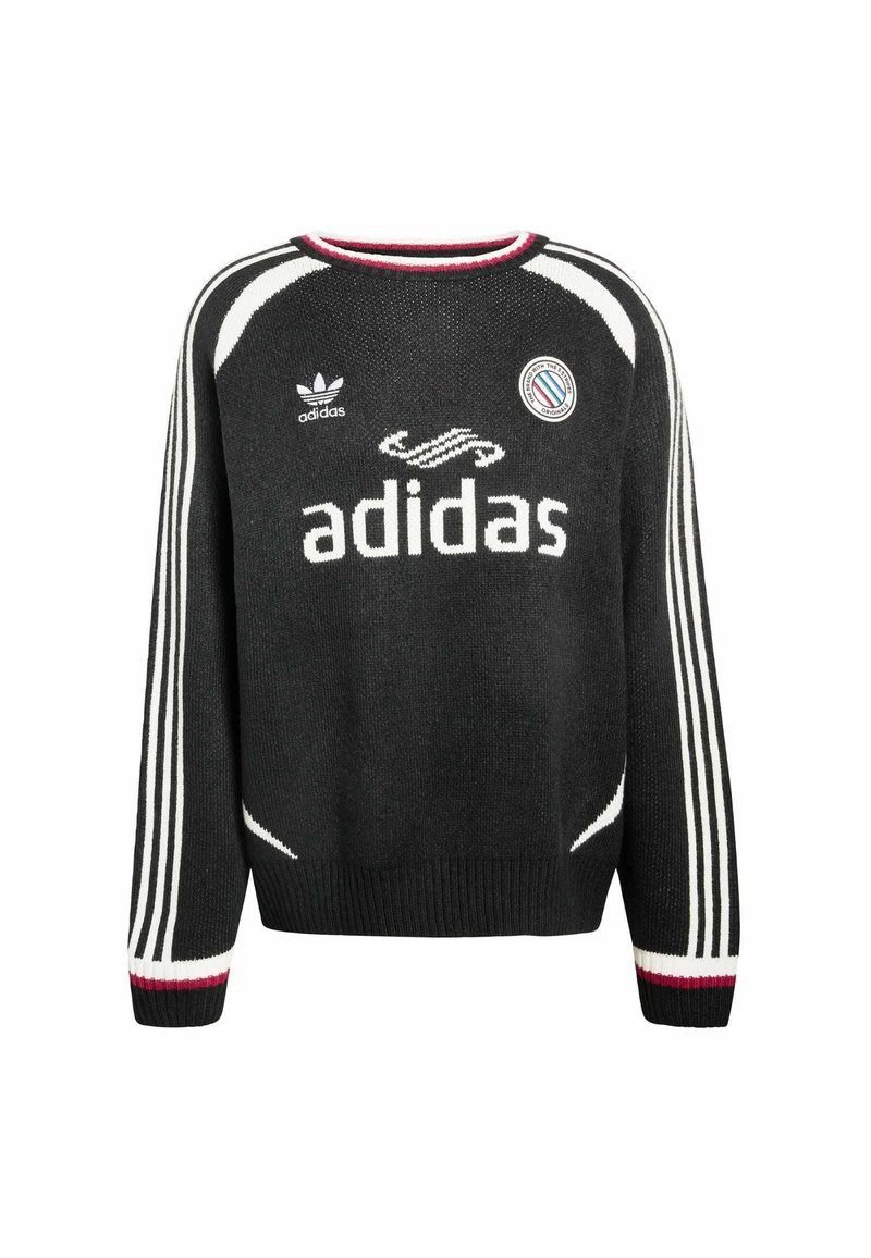 Black knitted sweater with white stripes, ribbed hem, round neckline, and prominent "adidas" logo on front; features team badge on chest.