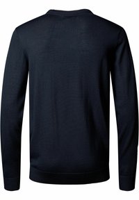 Dunkelblauer Pullover mit glatter Textur. Crew-Neck-Design und lange Ärmel, mit gerippten Bündchen und Saum.