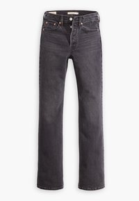 Jean en denim noir avec une coupe droite, doté d'un zip à bouton, de rivets en cuivre et d'un léger dégradé. Design classique à cinq poches.