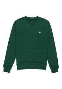Sweatshirt girocollo verde scuro con polsini e orlo a costine, caratterizzato da un piccolo logo circolare bianco sul lato sinistro del petto.