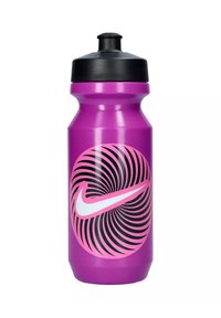 Borraccia di plastica viola con tappo nero e un design a spirale rosa e nero con il logo Nike.