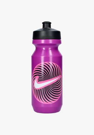 Borraccia di plastica viola con tappo nero e un design a spirale rosa e nero con il logo Nike.
