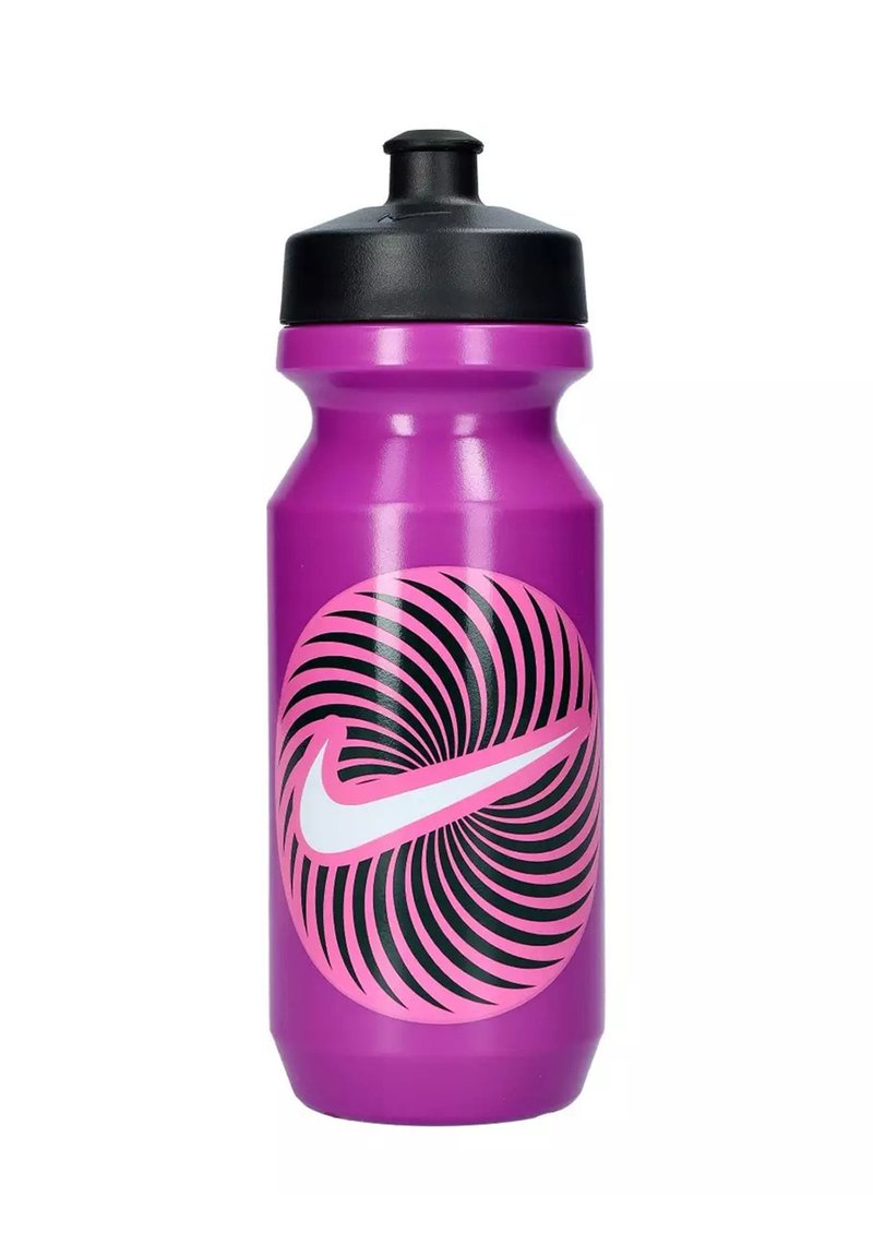 Borraccia di plastica viola con tappo nero e un design a spirale rosa e nero con il logo Nike.