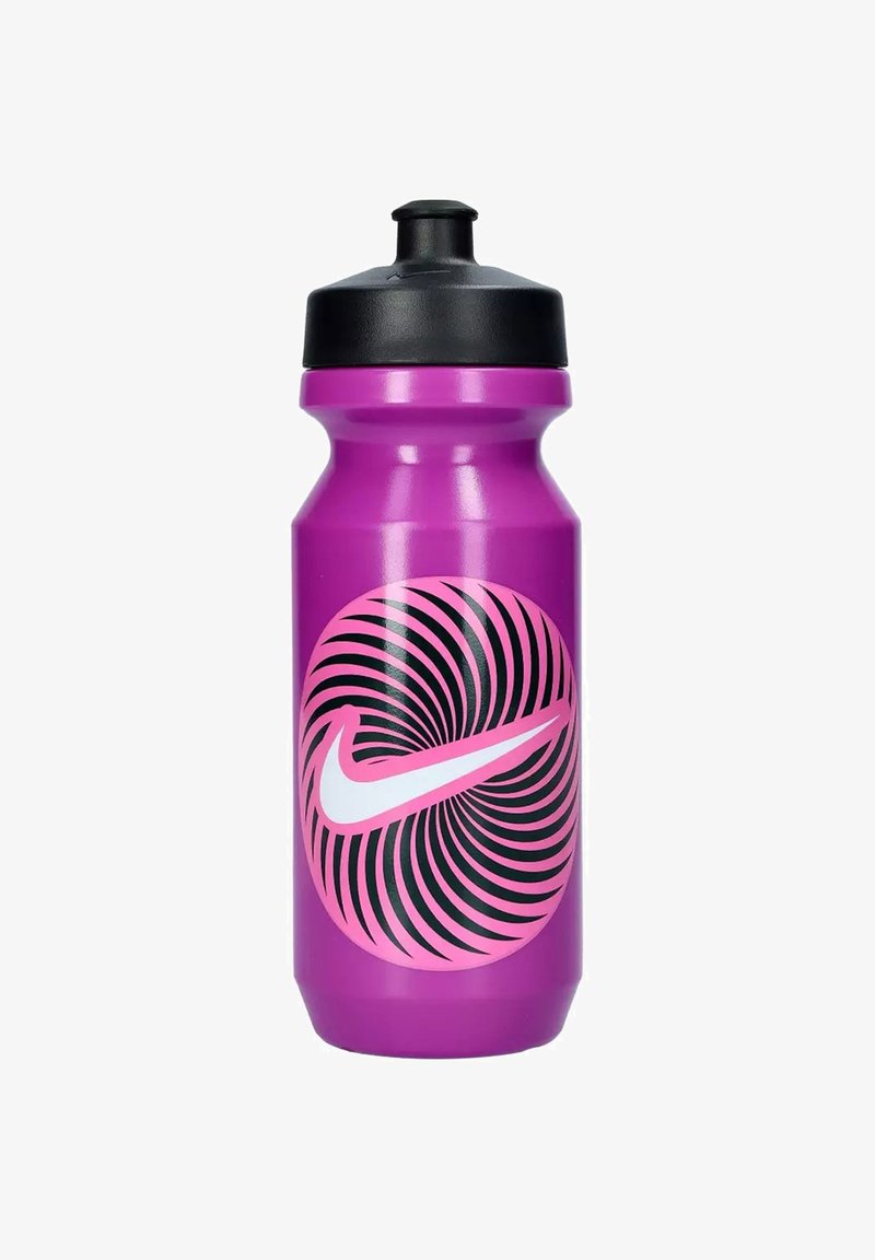 Borraccia di plastica viola con tappo nero e un design a spirale rosa e nero con il logo Nike.
