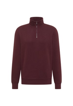 Bordeauxroter Langarm-Pullover mit hohem Kragen und kurzem Frontreißverschluss, gerippte Bündchen und Saum.