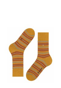 Gelbe Socken mit roten und grauen Streifen, geripptem Bündchen und verstärkter Zehenpartie. Texturiertes Gewebe mit glatter Oberfläche und Logodetail an der Seite.