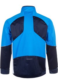 Blazer in Blau und Marineblau mit Stehkragen, strukturiertem Stoff und kontrastierendem Paneeldesign sowie "ENDURANCE"-Logo am Saum.