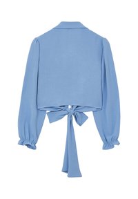 Blusa croppata azzurro chiaro con maniche lunghe a sbuffo, colletto e dettaglio posteriore annodato. Tessuto morbido con polsini arricciati.