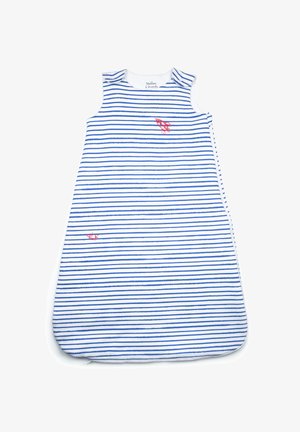 Sacco nanna senza maniche per bambini con righe orizzontali blu e bianche, ricamo di razzo rosso e pianeta, e cerniera laterale.