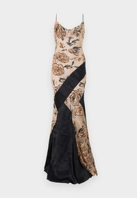 Hosszú ruha bézs és fekete virágos mintával, testhez simuló szabásban, kontrasztos fekete szövetbélésekkel az alján.