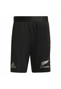 Svarta träningsshorts i ventilerande meshmaterial, med en svart elastisk midja och silverlogotyper för Adidas och All Blacks.