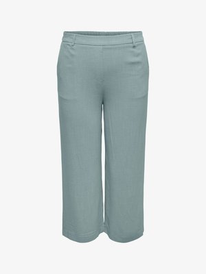 Lichtblauwe wijde cropped broek met elastische tailleband aan de achterkant en zijzakken, gemaakt van textuurstof.