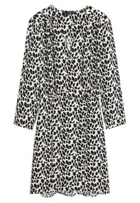 Schwarz-weißer Leopardenmuster-Kleid mit langen Ärmeln, V-Ausschnitt, tailliertem Bund und gewelltem Saum. Aus leichtem Stoff gefertigt.