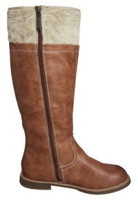 Bottes en cuir marron hauteur genoux avec doublure en fausse fourrure crème, détail de fermeture éclair sur le côté et accents cousus sur la tige et la semelle.