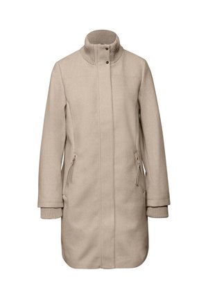 Manteau en mélange de laine beige avec un col montant, deux poches latérales zippées et des poignets en tricot côtelé. Coupe droite et texture lisse.