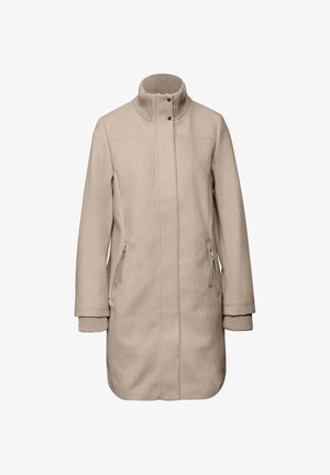 Cappotto beige in misto lana con colletto alto, due tasche laterali con zip e polsini a coste. Taglio dritto e texture liscia.
