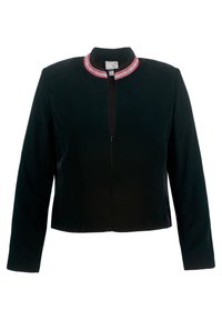 Černá sametová bunda s krátkým střihem, dlouhými rukávy a stojáčkovým límcem s barevnými vyšívanými detaily kolem výstřihu.