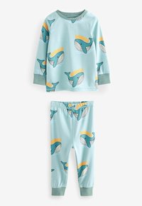 Bomullstvådelad pyjamas med en ljusblå överdel med valmönster och orange text "WHALE", i kombination med matchande byxor.