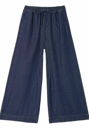 Weit geschnittene Hosen aus dunklem Denim, mit elastischem Bund und Kordelzug sowie Seitentaschen, mit einer glatten, strukturierten Oberfläche.