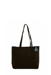 Brązowa surowa torba na ramię z dwoma długimi uchwytami i niebieską metką przymocowaną do torby. Prostokątny kształt o gładkiej fakturze, bez widocznych elementów metalowych.