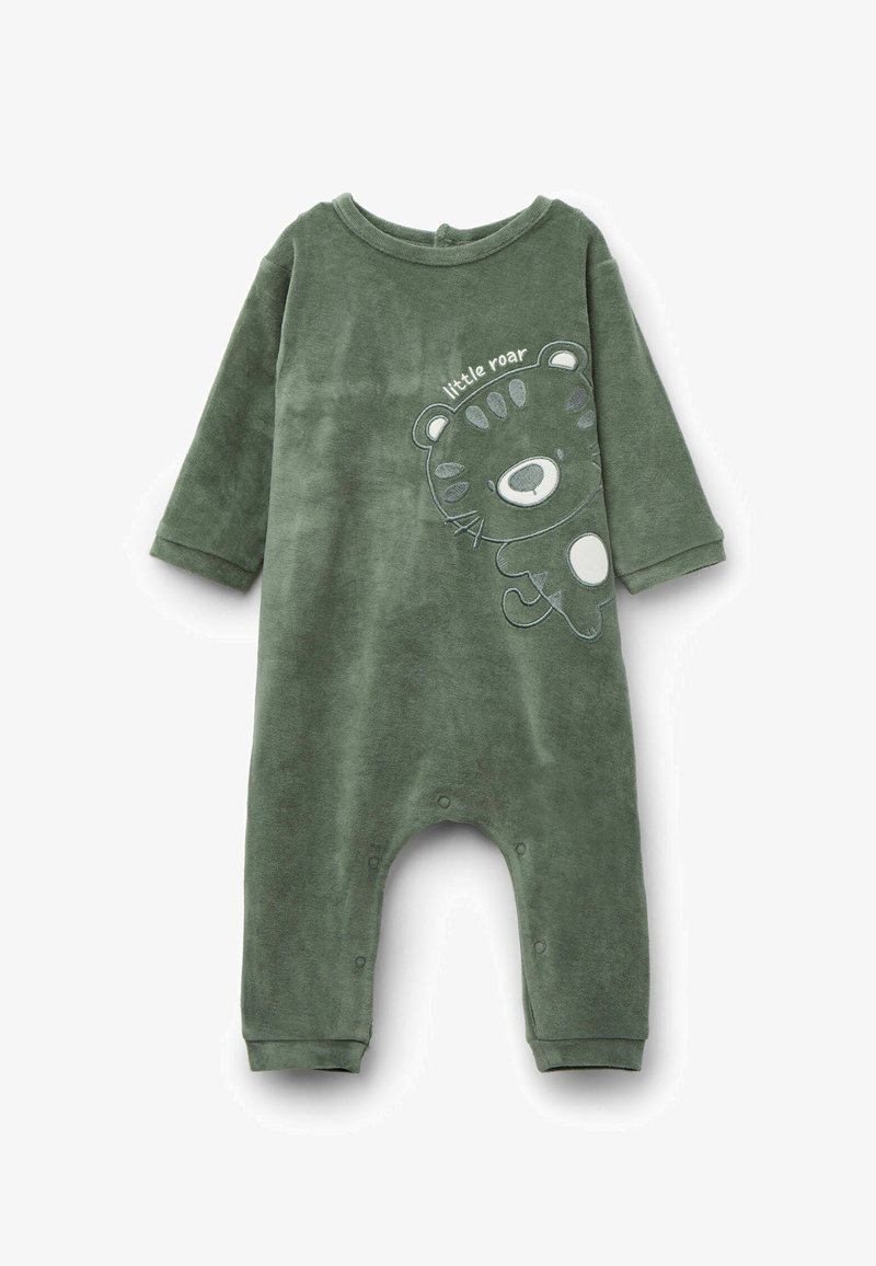 Grüner, weicher Velour-Overall mit rundem Ausschnitt und langen Ärmeln. Mit einem Cartoon-Bären-Design und Druckknöpfen am Boden.