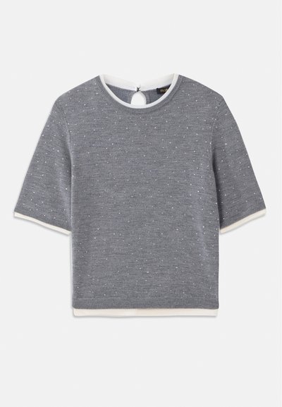 Gray short-sleeve top with a round neckline, featuring a textured pattern and white ribbed accents at the collar and hem. Keyhole back detail.