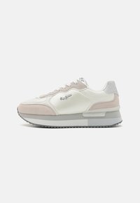 Sneakers featuring a mix of smooth white leather and light pink suede. Grey accents, textured panels, and a cushioned gray sole.