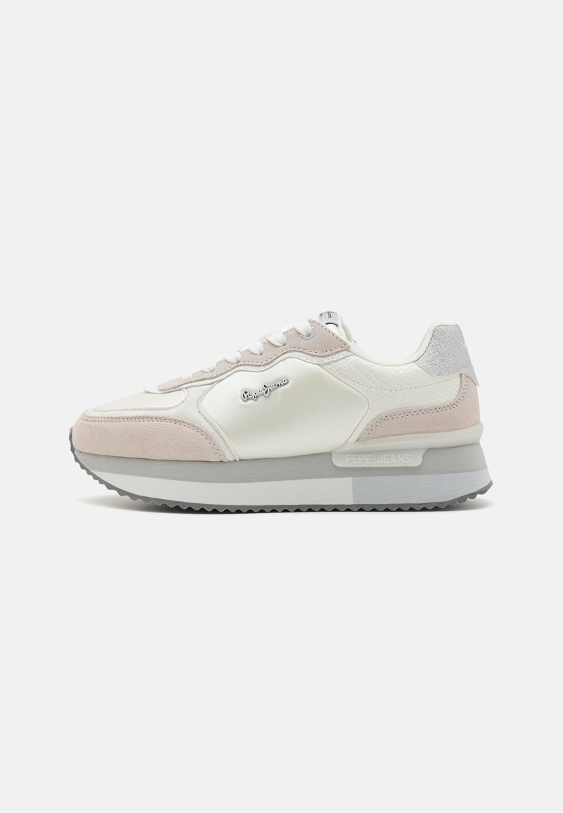 Sneakers featuring a mix of smooth white leather and light pink suede. Grey accents, textured panels, and a cushioned gray sole.