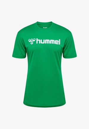 Groen T-shirt met korte mouwen van synthetisch materiaal, met een groot wit "hummel" logo op de voorkant. Gladde textuur en normale pasvorm.
