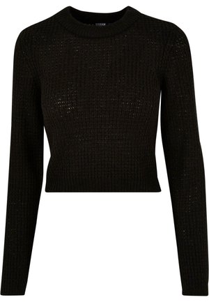 Černý, krátký pletený svetr s texturovaným vzorem, dlouhými rukávy a kulatým výstřihem, vyrobený z lehkého, prodyšného materiálu.