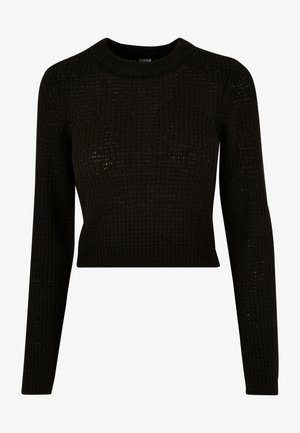 Czarny, krótkowłosy sweter z dzianiny o teksturowanym wzorze, z długimi rękawami i okrągłym dekoltem, wykonany z lekkiego, oddychającego materiału.