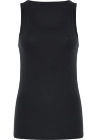 Sort ærmeløs tanktop lavet af glat stof med rund halsudskæring og tætsiddende pasform, uden mønstre eller udsmykninger.