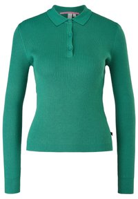Grünes, geripptes Langarm-Polohemd mit Kragen und einer dreiknöpfigen Leiste. Hergestellt aus einem strukturierten Strickstoff.