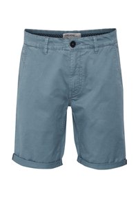 Men's blue shorts made from lightweight fabric. Features a button closure, rolled cuffs, and side pockets with a subtle texture.