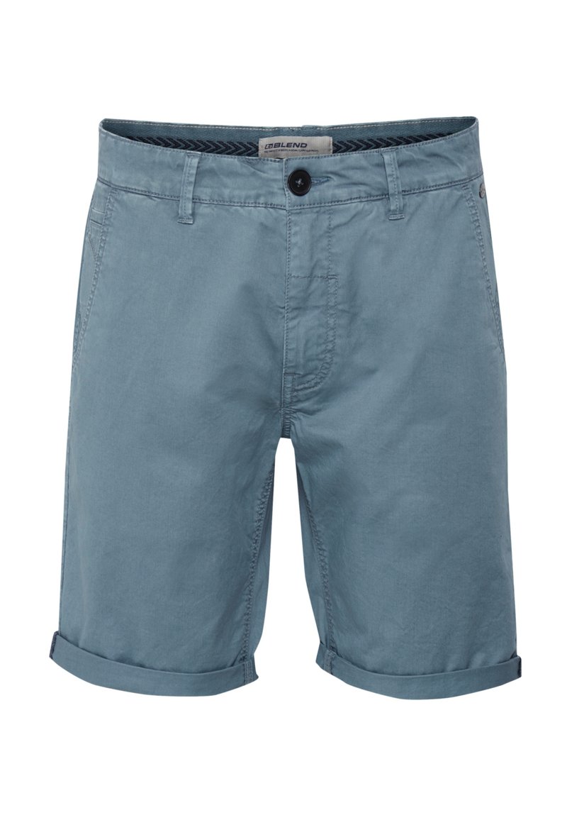 Men's blue shorts made from lightweight fabric. Features a button closure, rolled cuffs, and side pockets with a subtle texture.
