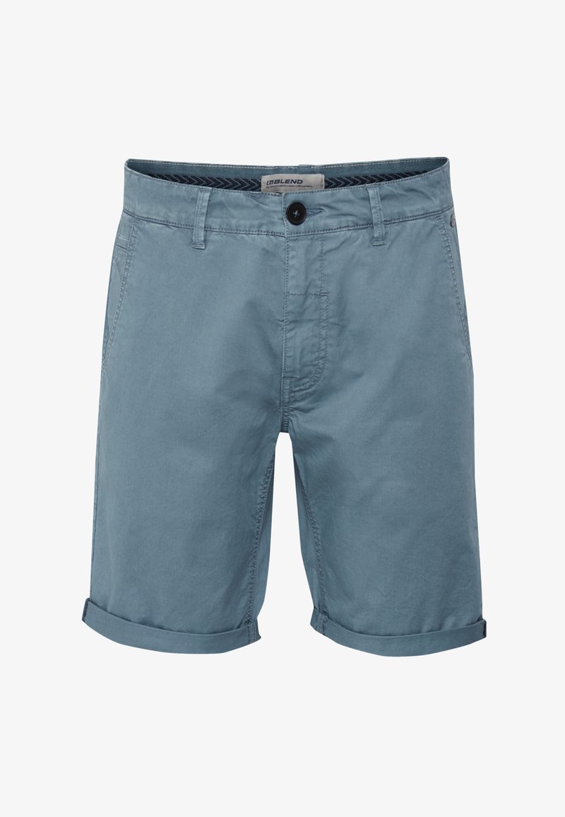 Men's blue shorts made from lightweight fabric. Features a button closure, rolled cuffs, and side pockets with a subtle texture.