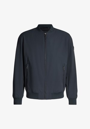 Blouson aviateur bleu marine avec fermeture éclair avant, col côtelé, poignets, ourlet et deux poches latérales zippées.