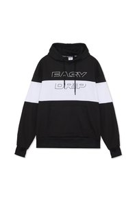 Sudadera negra y blanca con un bolsillo frontal, que presenta un texto en negrita "EASY DRIP" en el pecho. Fabricada con un tejido suave y con capucha de cordón.